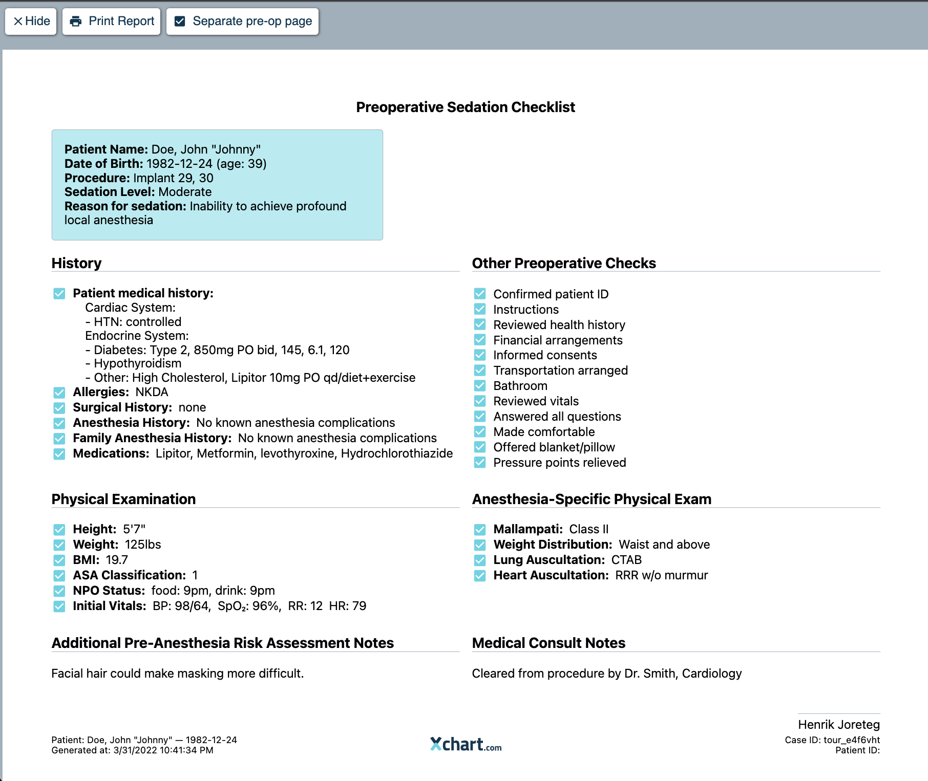 Preoperative sedation checklist for Texas