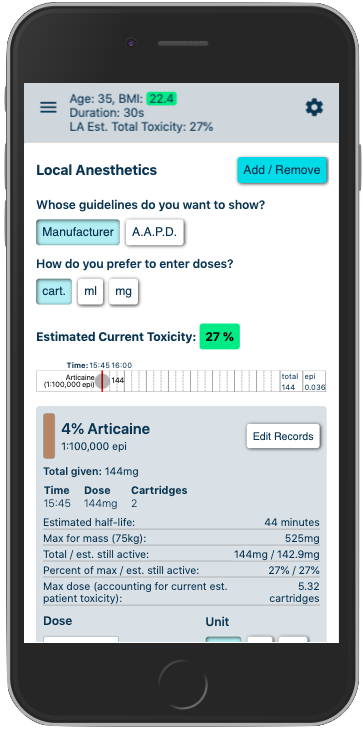 phone showing local anesthesia tracking screen