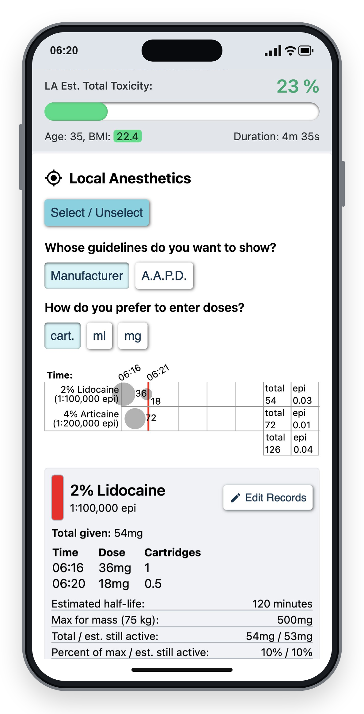 iPhone showing the local anesthesia calculator tracking lidocaine and Articaine doses with a 23% estimated total toxicity