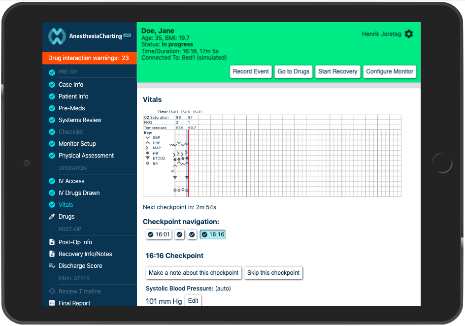 tablet showing anesthesia tracking software